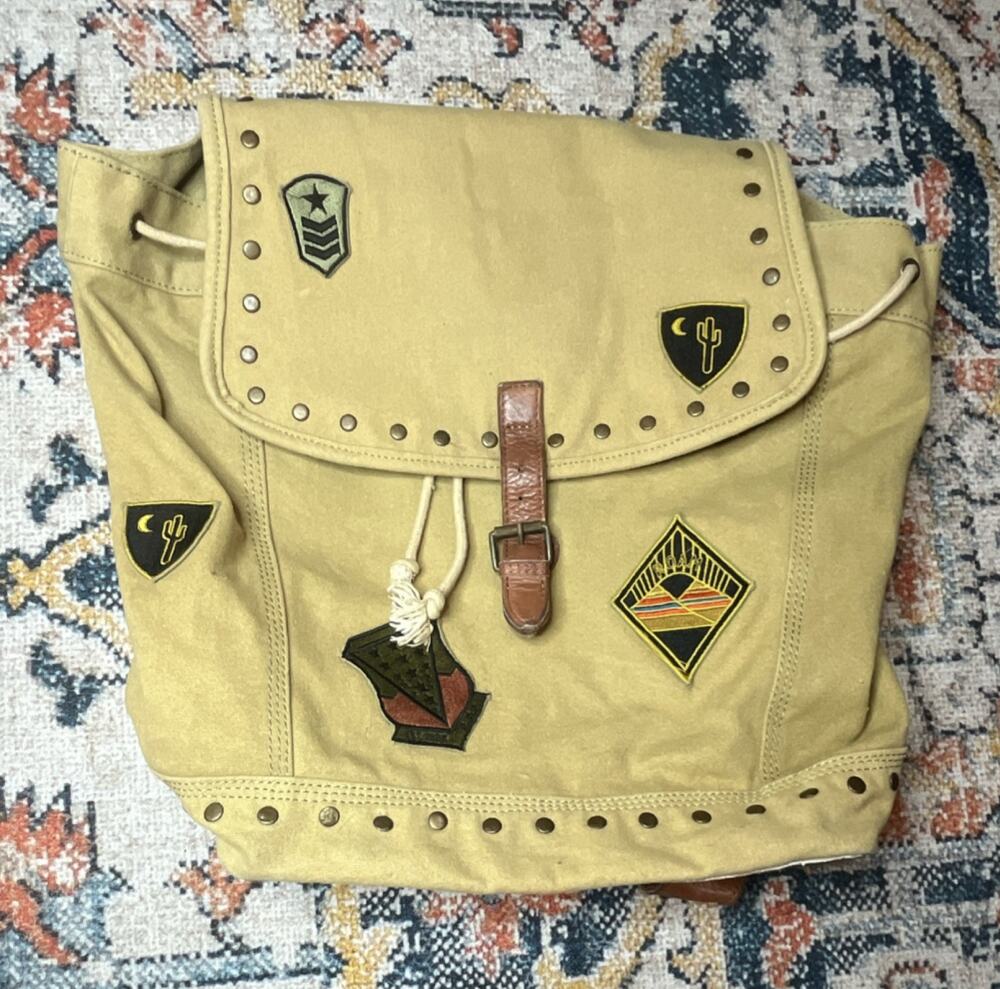 Free People Large Thunderbird Canvas Leather Backpack Studded Drawstring Buckle
